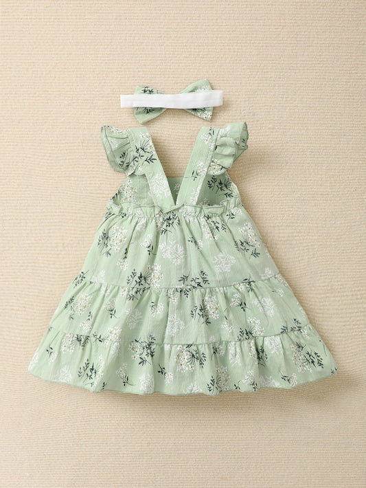 Vestido Infantil Verde Floral + Laço de Cabeça