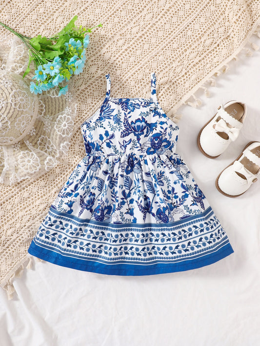 Vestido Infantil Floral Azul de Alça