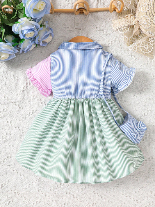 Vestido Infantil de Camisa Listrado Colorido + Bolsa