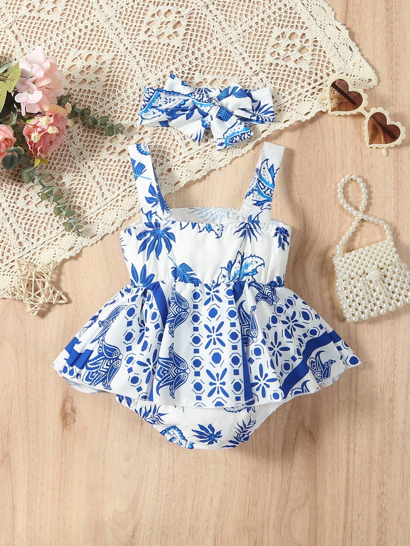 Vestido Infantil Floral Azul + Laço de Cabeça