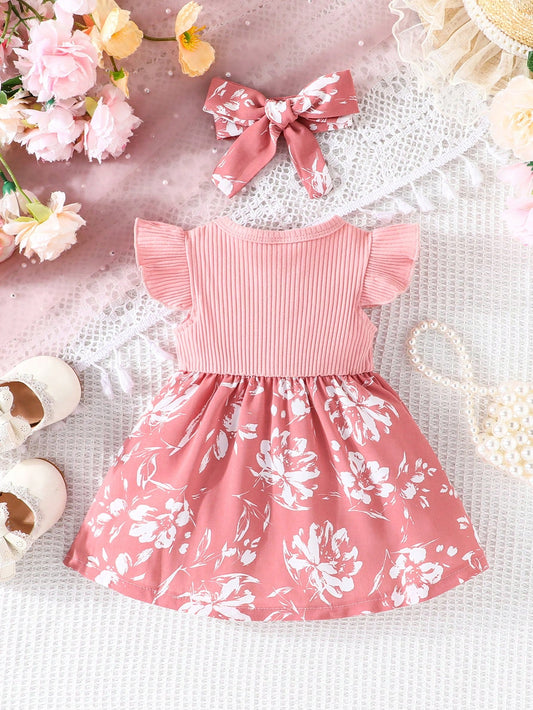 Vestido Infantil Floral Colorido + Laço de Cabeça